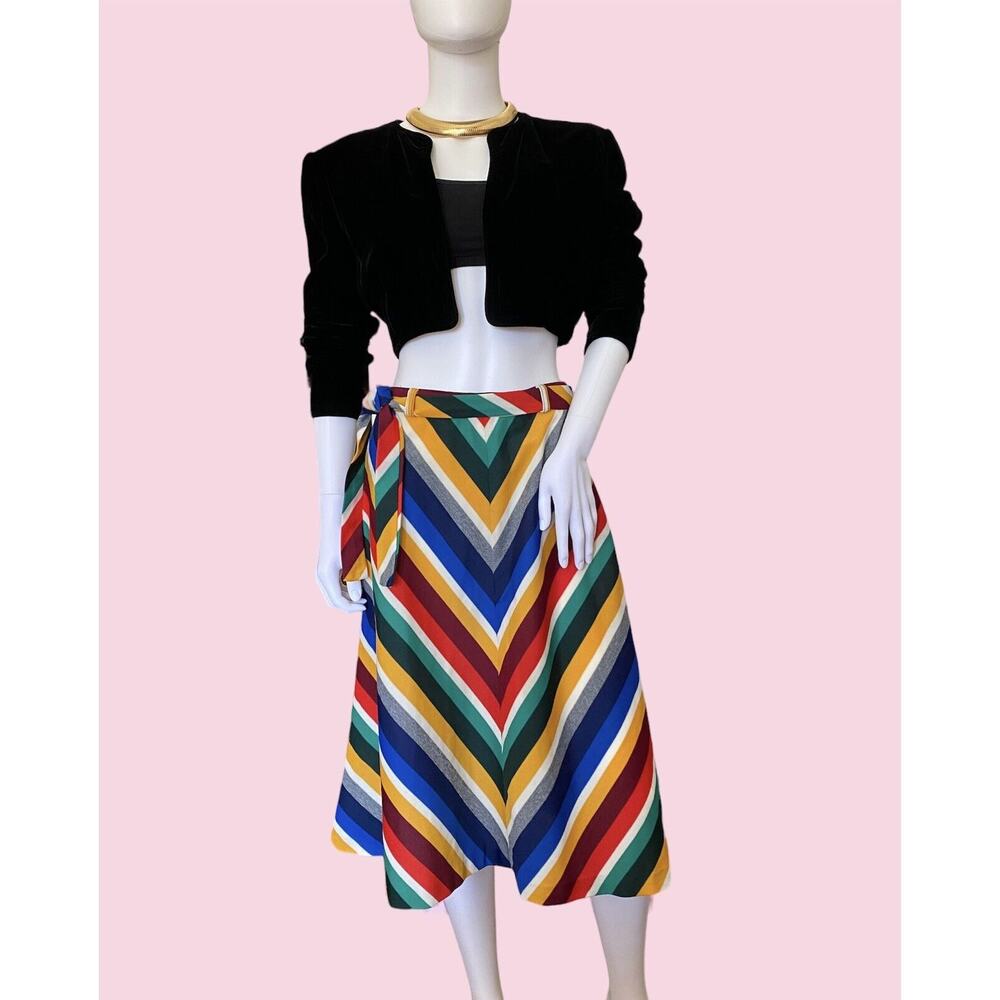 Vintage 1970s A Line Striped Skirt with Tie Bow Belt Disco Party Office Teacher